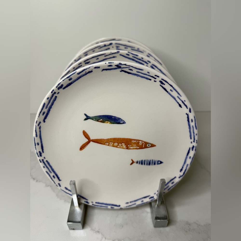 4 Papart Seramik 8” SALAD PLATES Fish Coastal Nautical Hand Painted Turkey New - Picture 2 of 11